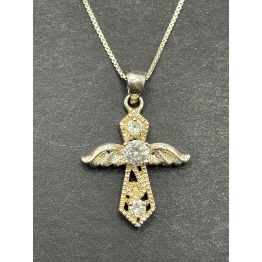20" Sterling Silver Cubic Zirconia Angel Cross Pendant Necklace 925 H20